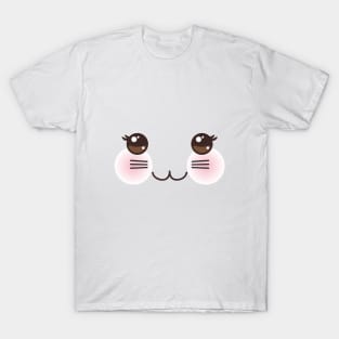 Kawaii funny cat muzzle with pink cheeks and big black eyes T-Shirt